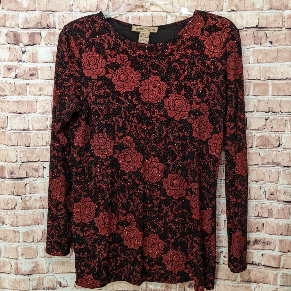 Notations Blouse Red/Black Rose Size Small